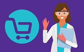 A professional woman in a lab coat is standing next to a large shopping cart icon on a purple background. She is waving with one hand and holding a clipboard in the other.