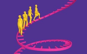 Graphic of scientists walking up a DNA strand.