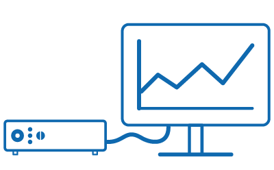 A blue outline illustration of a projector connected to a computer monitor displaying a line graph.