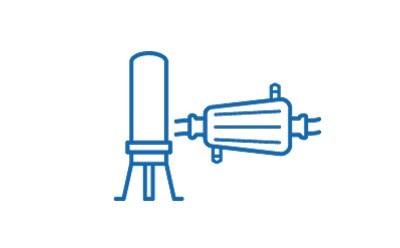 Blue line drawing equipment used for final sterile filtration and filling in pharmaceutical or medical contexts. 