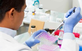 A scientist in a lab, wearing blue gloves, is pipetting a pink liquid into a multi-well plate.