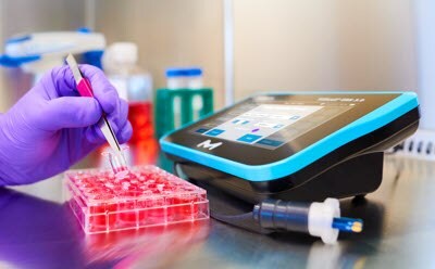 Scientist’s hand holding tweezers picking up a clear insert for a cell culture plate filled with culture media in the tissue culture hood. ERS 3.0 instrument is directly to the right and displays the culture plate map. ERS 3.0 probe is laying directly in front of the instrument.