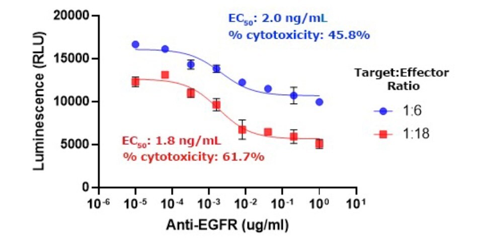 ADCC assay using A549 target cells expressing a luciferase reporter gene, frozen BioIVT NK effector cells, and anti-EGFR antibody. A luciferase assay was used to measure target cell killing. 