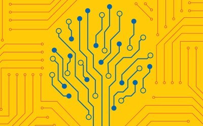 Blue electronic lines tree on a yellow circuit board