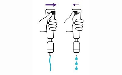 Use thumb to slide lever right to increase flow rate and slide left to decrease flow rate