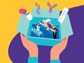 An illustration depicting two hands holding an open box that contains a miniature laboratory scene. Inside the box, a scientist in a lab coat and a businessperson are shown among various laboratory items, including test tubes, a pill, and molecular structures.