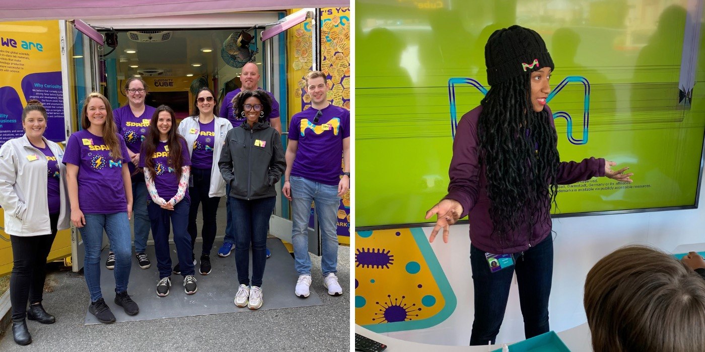 Two images appear. On the left a group of SPARK volunteers stand outside the Curiosity Cube wearing purple SPARK t-shirts. On the right, there is an image of Danielle Chavis presenting to a group of kids in the Curiosity Cube. 