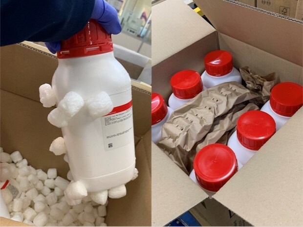 Two images of bottles. On the left, abottle has packing peanuts stuck to the side. On the right, bottles are secured using recycled paper.