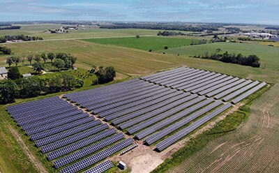 An aerial view of a solar farm