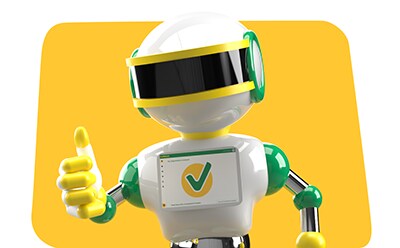 The image displays a 3D animated character that resembles a robot. The robot has a white body with green accents on the joints and headband, and a large black visor where eyes would typically be. On the chest of the robot, there is a square with rounded corners displaying a checkmark symbol. The background is yellow, and the robot is giving a thumbs-up gesture with its right hand.