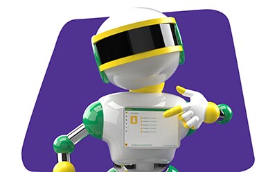 The image is a 3D rendering of a robot with a humanoid shape. The robot has a white body with green arms and legs, yellow bands around the joints, and a black visor that appears to be its eyes. The background is purple, and the robot is gesturing towards its chest screen, which displays an application with text.