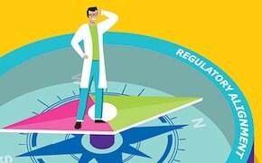 Cartoon-style image with a man in a lab coat standing on a giant compass pointing to "regulatory alignment"