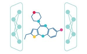 Image depicts a novel chemical structure with heteromolecules developed by de-novo molecular design according to a desired molecular profile.