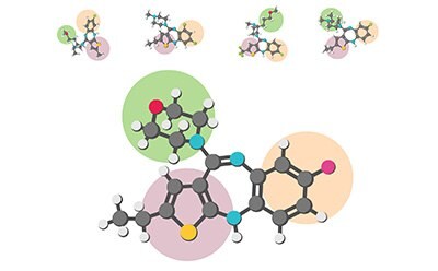 Obraz przedstawia złożoną cząsteczkę organiczną z różnymi atomami przedstawionymi jako kolorowe kule połączone liniami reprezentującymi wiązania. Wokół centralnej cząsteczki znajdują się mniejsze skupiska atomów, prawdopodobnie grupy funkcjonalne lub fragmenty, z których każdy jest wyróżniony innym kolorem tła w celu rozróżnienia części lub typów cząsteczki.