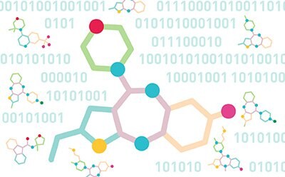 Obraz jest artystyczną reprezentacją kolorowych struktur molekularnych nałożonych na tło kodu binarnego, podkreślając połączenie biologii i technologii cyfrowej. Cząsteczki, przedstawione w kolorach zielonym, niebieskim, czerwonym, żółtym i pomarańczowym, symbolizują różne atomy i wiązania, podczas gdy tło kodu binarnego sugeruje dziedzinę bioinformatyki.