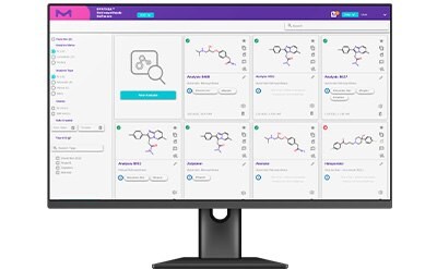 Computer monitor displaying a user interface from SYNTHIA™ Retrosynthesis Software with multiple pathways for chemical synthesis analysis.