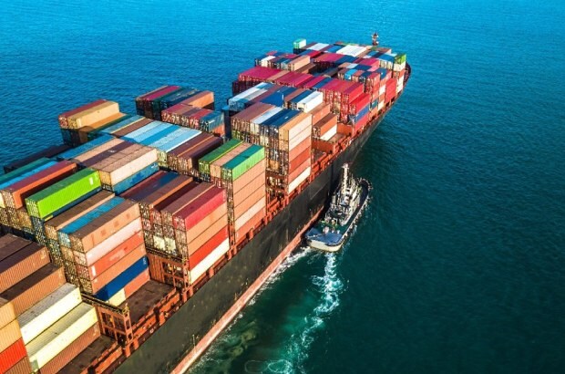 A large container ship in the water.