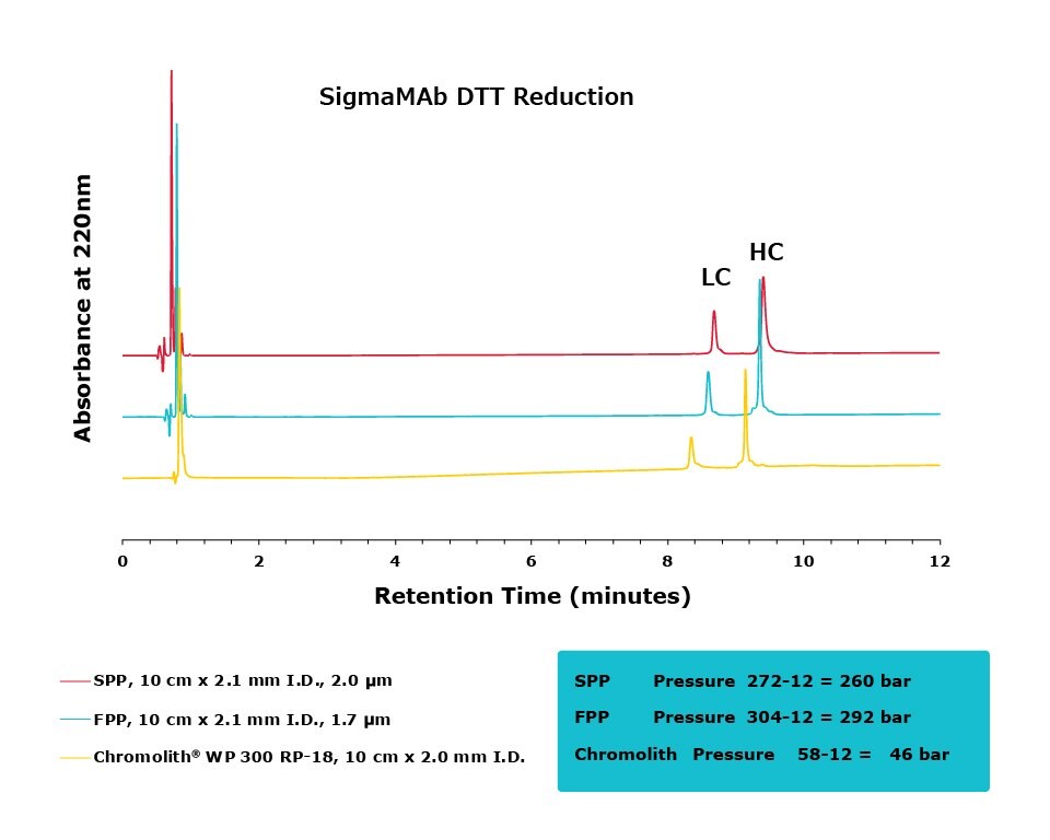 Comparison of separation performance between Chromolith® WP 300, a SPP, and an FPP-packed column analyzing DTT reduced Sigma MAb.