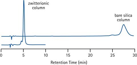 Retention of the basic and strongly positively charged peptide Bradykinin (pI=12) on different HILIC stationary phases (plain silica and zwitterionic) illustrating the effect of too strong ionic interactions. Conditions; 40% acetonitrile in ammonium acetate buffer (50 mM, pH 6.5).