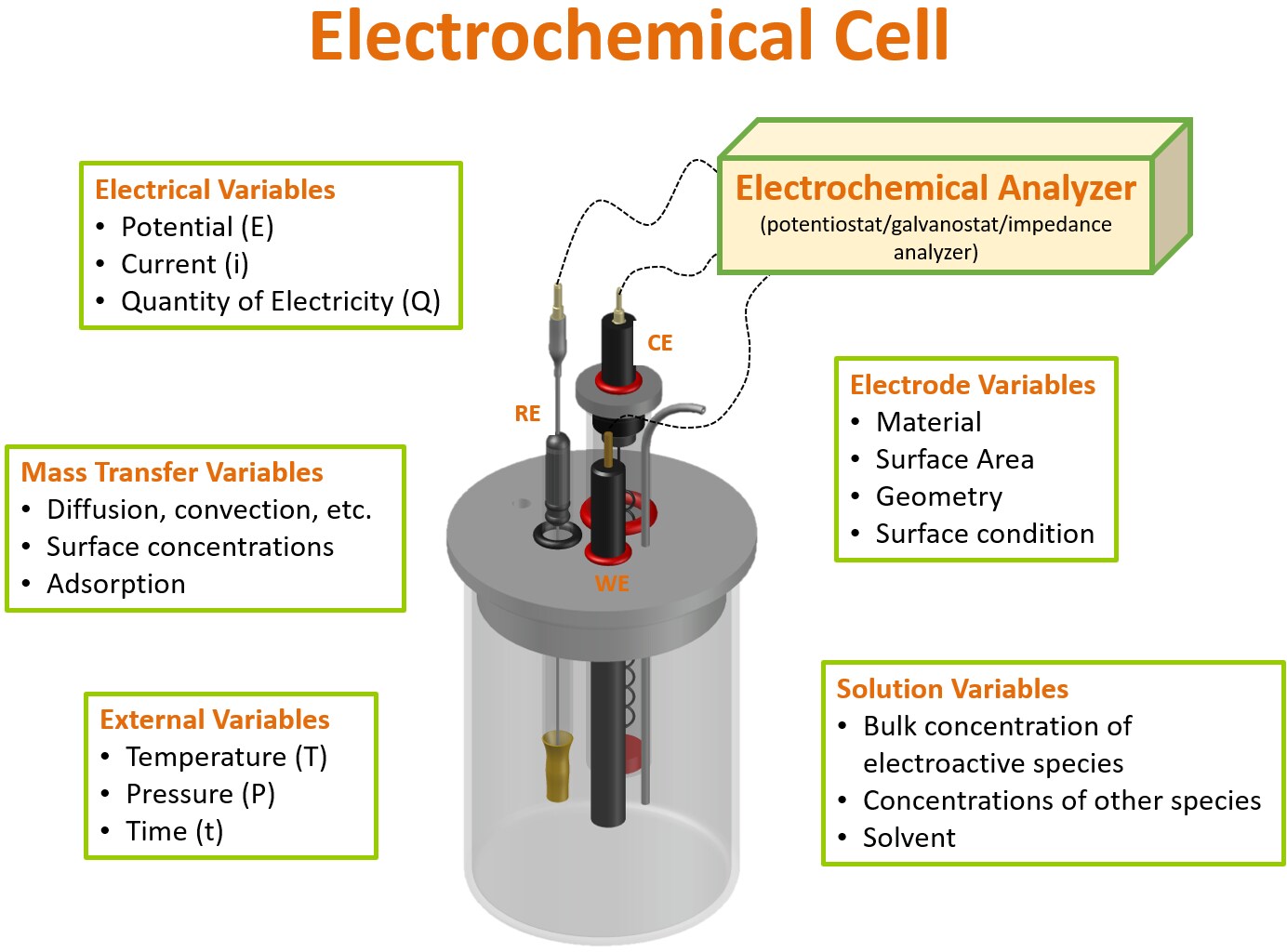 Trójelektrodowy układ elektrochemiczny i zmienne wpływające na pomiar elektrochemiczny.