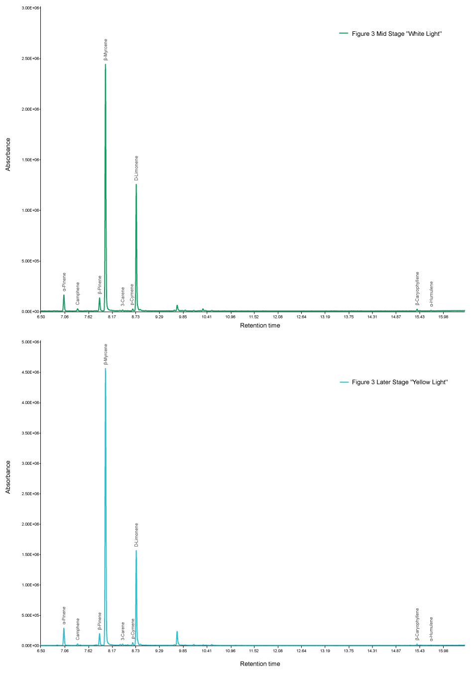 Chromatograms obtained for two plants of the same strain at different maturity levels using Carbotrap® T420 TD tube