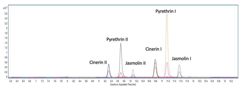 Analysis of six pyrethrins under the same chromatographic conditions