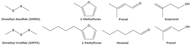 Chemical structures of characteristic compounds produced by insects during their larval stage.