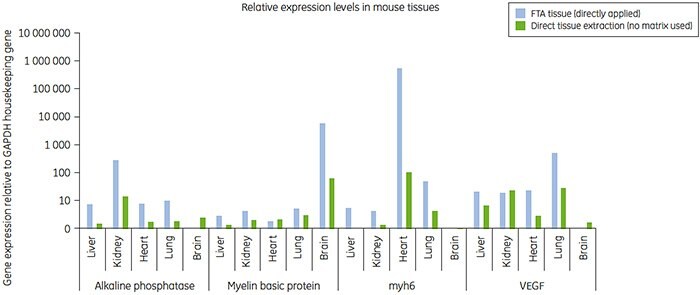 Relative gene expression compared to GAPDH for RNA isolated from different tissues collected on FTA cards (blue).