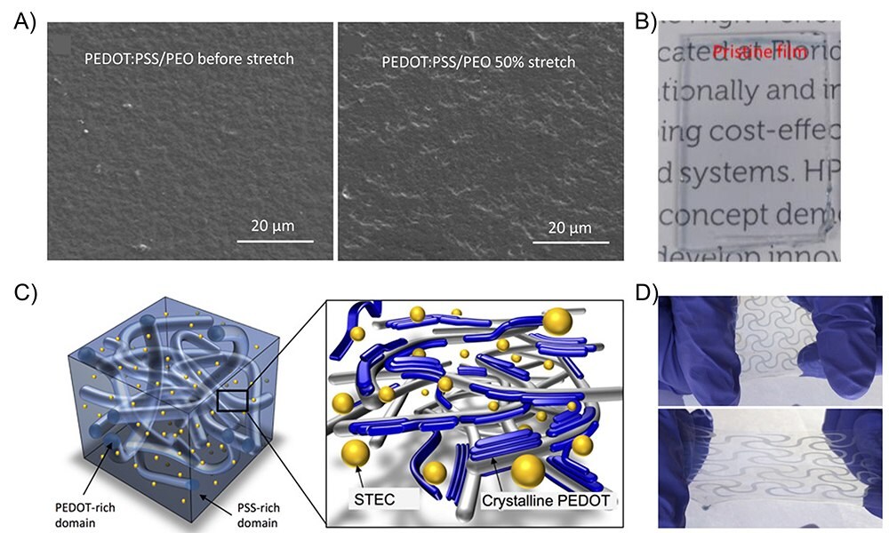 SEM images and Photographs of conductive surfaces of the PEDOT:PSS-PEO electrode