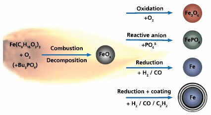 chematic illustration of the flexibility of flame spray synthesis is illustrated in this sketch