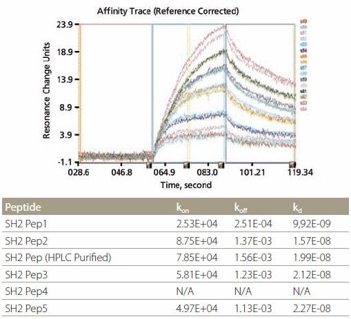 Kinetic Analysis and Data Example of kinetic analysis using SH2-binding peptides. Corresponding data are shown in the table above.