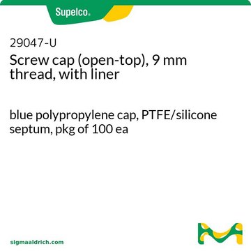 Tampa de rosca (aberto), rosca de 9&nbsp;mm, com revestimento blue polypropylene cap, PTFE/silicone septum, pkg of 100&#160;ea