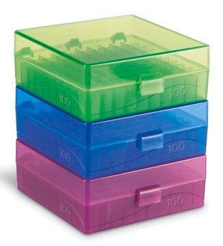 Microtube Storage Box Holds 100 x 1.5-2.0 mL tubes, assorted colors polypropylene ((blue, green, purple, yellow, orange), pk of 5