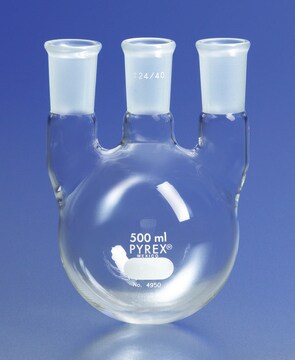 Pyrex&#174; round-bottom vertical three neck distilling flask, with 24/40 joints capacity 3,000&#160;mL