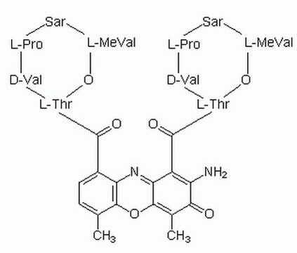 Actinomycin&nbsp;D, Streptomyces sp. Anti-neoplastic antibiotic. Inhibits DNA-primed RNA polymerase by complexing with DNA via deoxyguanosine residues.