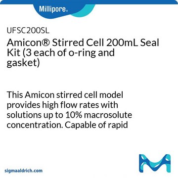 Amicon&#174; 攪拌式セル 200 mL シールキット（O リングおよびガスケットを 3 個ずつ） This Amicon stirred cell model provides high flow rates with solutions up to 10% macrosolute concentration. Capable of rapid concentration, or salt removal followed by concentration in the same unit.