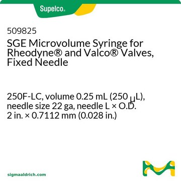 Seringue&nbsp;SGE à microvolume pour vannes Rheodyne&#174; et Valco&#174;, aiguille fixe 250F-LC, volume 0.25&#160;mL (250&#160;&#956;L), needle size 22 ga, needle L × O.D. 2&#160;in. × 0.7112&#160;mm (0.028&#160;in.)