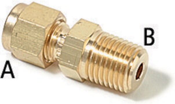 Connector to Male NPT brass, 1/8 in. Swagelok, 1/4 in. male NPT, 200-1-4