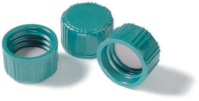 Tapón de rosca, parte superior sólida con revestimiento de PTFE, paquete de 100 solid green melamine resin cap, F217/PTFE liner, for use with 4&nbsp;mL vial with 13-425 thread