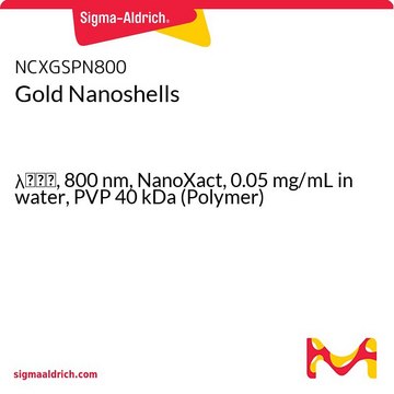 Gold Nanoshells &#955;max, 800&#160;nm, NanoXact, 0.05&#160;mg/mL in water, PVP 40 kDa (Polymer)