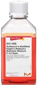 Milieu de Eagle modifié par Dulbecco&nbsp;(DMEM)/Mélange nutritif&nbsp;F-12 de Ham With 15 mM HEPES and sodium bicarbonate, without L-glutamine, liquid, sterile-filtered, suitable for cell culture