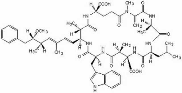 Mikrocystyna-LW, Microcystis aeruginosa Analog of Microcystin-LR with Trp substituted in place of Arg. Believed to be more cell-permeable than other microcystins making it useful for biochemical studies in intact cells.