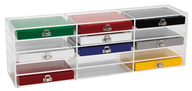 Stojak do przechowywania szkiełek mikroskopowych na 50 i 100 miejsc Holds 15 x slide boxes, clear acrylic