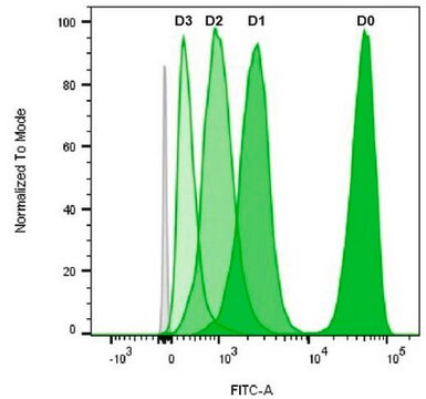 Kit de proliferación celular CSFE verde BioTracker 488 Live cell imaging cell proliferation kit based on carboxyfluorescein succinimidyl ester (CFSE) used for fluorescent cell labeling in flow cytometry applications.