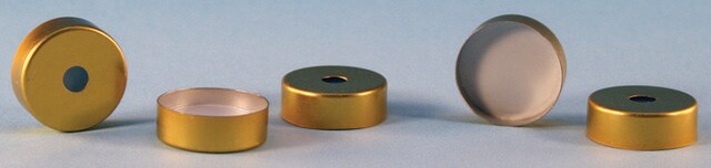 Crimp seals (magnetic) with PTFE/silicone septa, pkg/100 gold seal (magnetic, with 5&nbsp;mm center hole), (silcone blue transparent/PTFE transparent), diam. × thickness 20&#160;mm × 3.0&#160;mm, open center