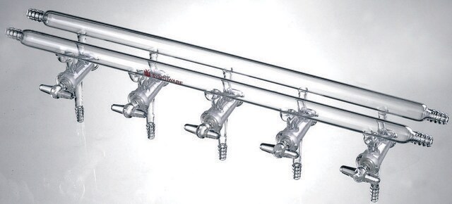 Synthware&#8482; all-glass vacuum/inert gas manifold with hollow high vacuum stopcocks port size 5, Hose Connections: Front-left-right, Rear-left-right