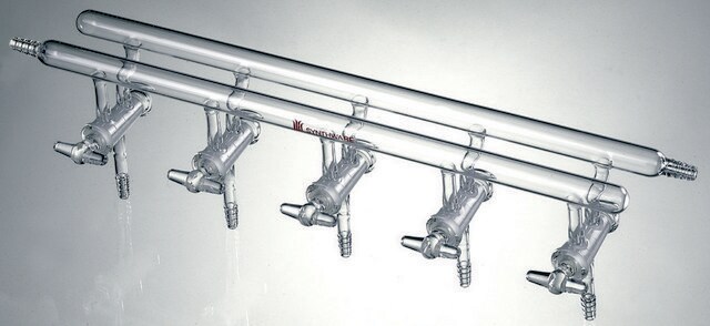 Synthware&#8482; all-glass vacuum/inert gas manifold with hollow high vacuum stopcocks number of ports, 3, Hose Connections: Front-left, Rear-right