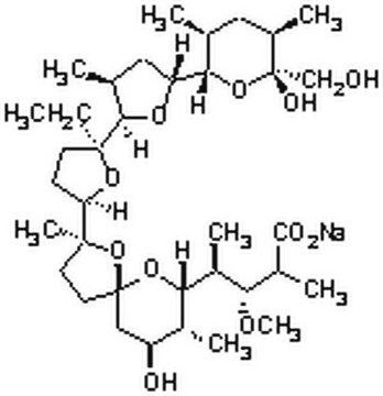 Monensin, Sodium Salt, High Purity Polyether antibiotic that functions as a Na+ ionophore by forming stable complexes with monovalent cations that are able to cross the plasma membrane.