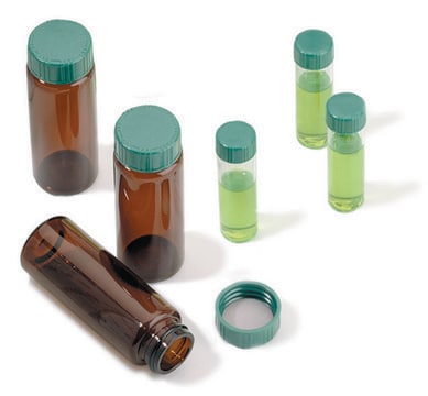 Vials, screw top with solid green Thermoset cap with PTFE liner, preassembled, pkg of 100 volume 2&#160;mL, amber glass vial (standard opening - 4.6 mm), O.D. × H × I.D. 12&#160;mm × 32&#160;mm × 4.6&#160;mm, thread for 8-425