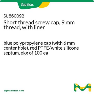 短螺纹瓶盖&#65292;9mm 螺纹&#65292;带衬垫 blue polypropylene cap (with 6 mm center hole), red PTFE/white silicone septum, pkg of 100&#160;ea